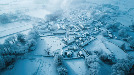 An aerial view of a snow-covered village with clustered houses and barns, surrounded by fields. Snow-laden trees dot the landscape, creating a serene winter scene.
