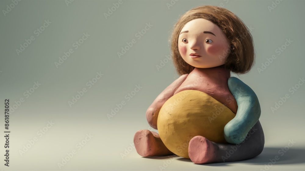 Sticker A small clay figurine of a girl with brown hair and blue eyes, AI