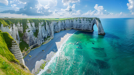 Picturesque panoramic landscape on the cliffs of Etretat. Natural amazing cliffs. Etretat, Normandy, France, La Manche or English Channel. Coast of the Pays de Caux area in sunny summer day. France