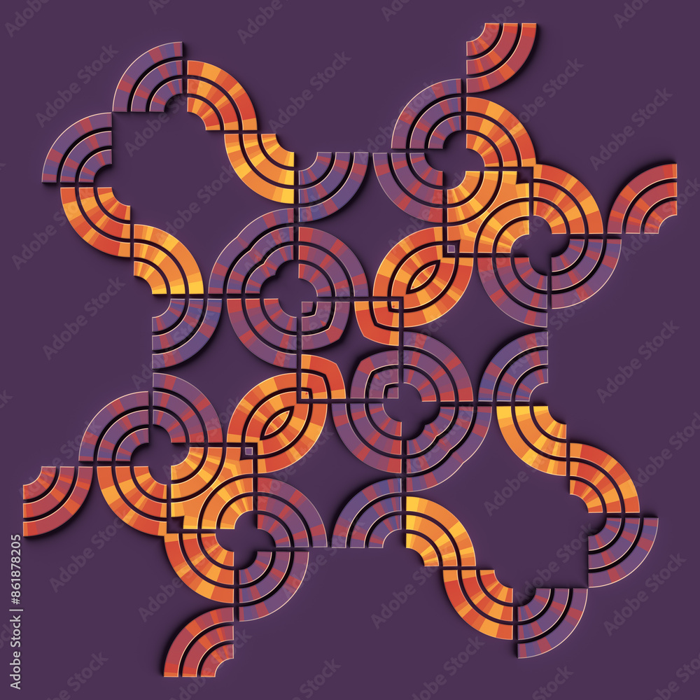 Poster Digital illustration of a series of interlocking abstract curved figures. Contemporary style. 3d rendering