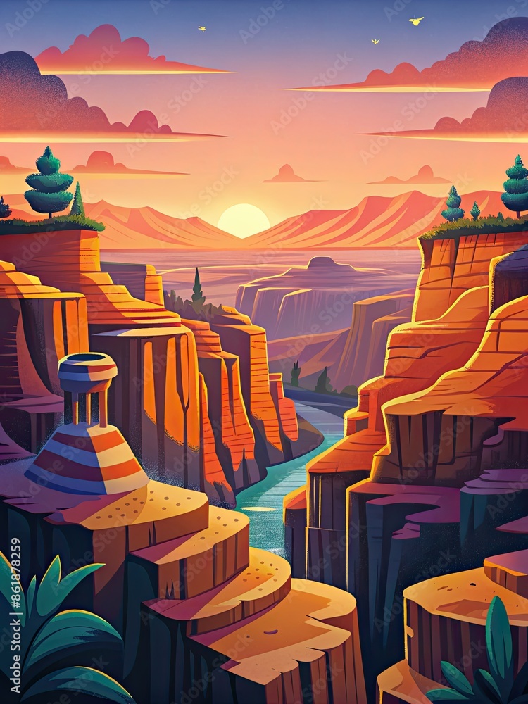 Wall mural Stunning sunset over a rocky canyon landscape.