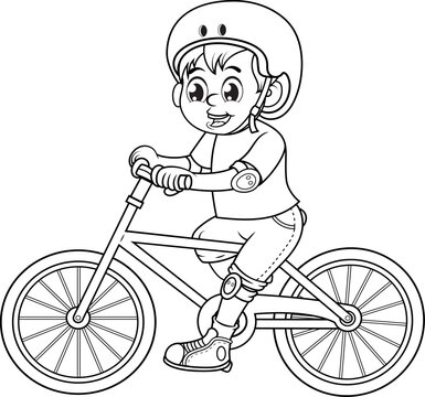 Ni&ntilde;o manejando bicicleta y usando casco de seguridad, coderas y rodilleras, ilustraci&oacute;n estilo cartoon en blanco y negro.