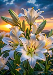 Fototapeta premium Blooming white lilies against a sunset background.