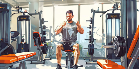 Fitness gym membership: A man breaks into a sweat during his morning workout, his muscles straining against the resistance of the weight machines.