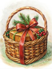 Holiday basket filled with fruits and pine cones.