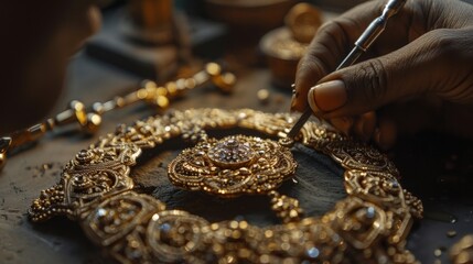 A craftsmans hand carefully works on a detailed gold necklace