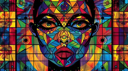 A colorful face with a large eye and a mouth