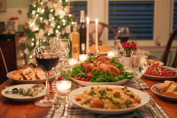 Fototapeta premium Enjoy the holiday with loved ones, food, decorations, and a cozy atmosphere at the dinner table