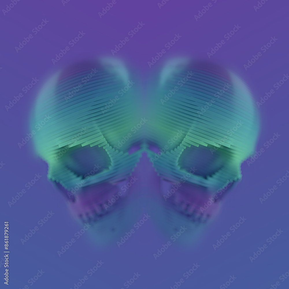 Aufkleber digital illustration of layered skulls composed of stripes with a green-purple gradient. 3d renderin