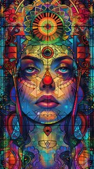 Fototapeta premium A woman's face is painted with a red nose and blue eyes