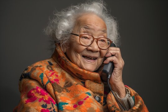 An elderly woman wearing a vibrant, geometrically patterned coat holds an old-fashioned telephone receiver, presenting her profile with her gray hair visible.