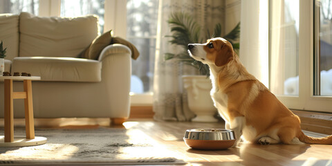 Pet food subscription: A dog eagerly waits by its bowl, tail wagging excitedly as it anticipates the arrival of its monthly treat.