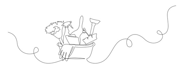 Bucket with cleaning supplies in one continuous line drawing. Cleanup and washing concept in simple linear style. Household and housekeeping symbol in editable stroke. Monoline vector illustration