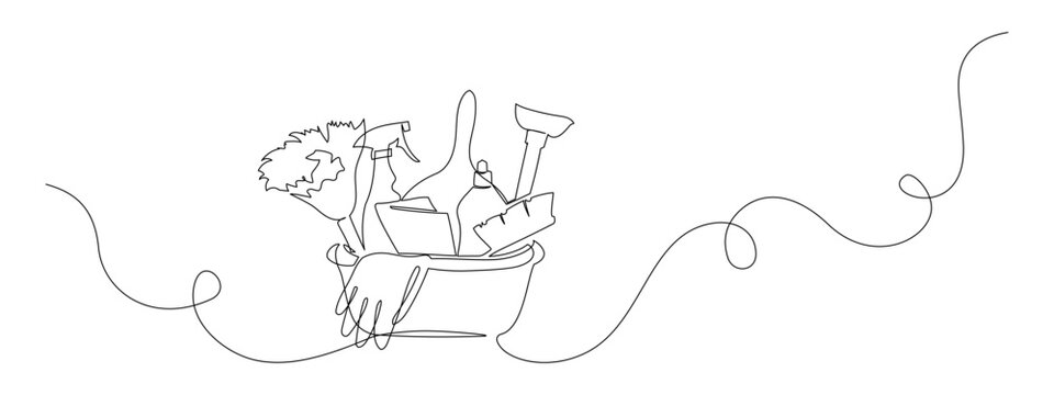 recommend clip art: Bucket with cleaning supplies in one continuous line drawing. Cleanup and washing concept in simple linear style. Household and housekeeping symbol in editable stroke. Monoline vector illustration