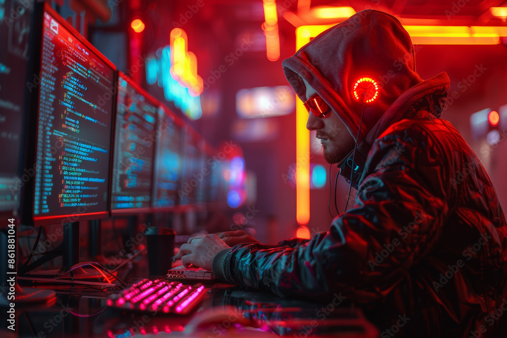 Poster a cyberpunk hacker accessing a secure network in a neon-lit room. concept of cyberpunk and technolog