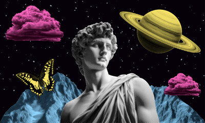 psychedelic surrealistic atmosphere space concept collage with statue butterfly clouds mountain planet pop art halftone elements starry night sky background mythology philosophy digital art design © Oleksandr Yashchuk