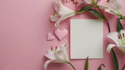 heart symbols to represent the love and affection shared between mothers and their children - beautiful Blank paper card mockup with lily flowers on pink background. Greeting card design concept. 