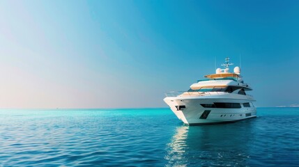 Luxury yacht anchored in clear blue ocean under sunny sky, perfect for vacation and marine...