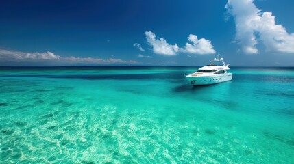 Obraz premium Luxury yacht sailing on crystal clear turquoise water against a backdrop of clear blue skies and fluffy white clouds.