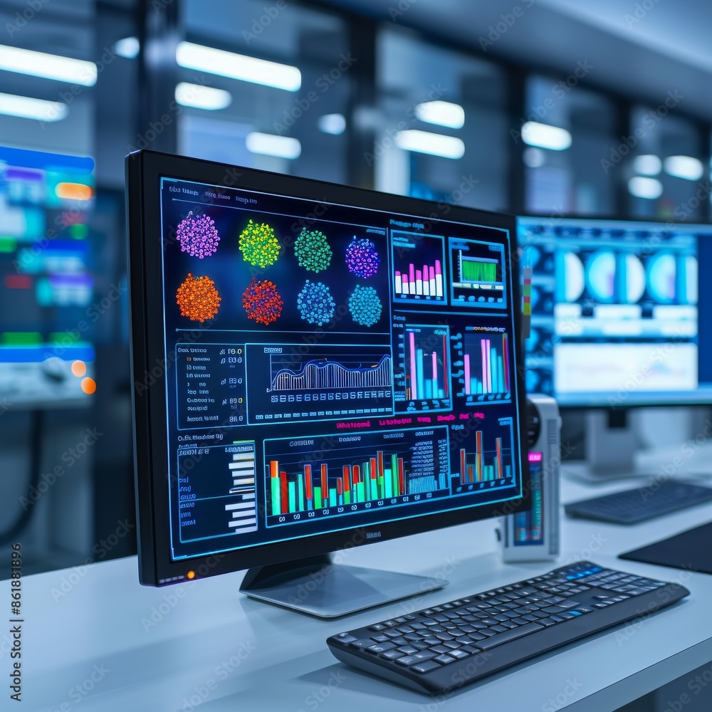 Poster a computer monitor displaying data visualizations in a modern office setting. the monitor is on a de