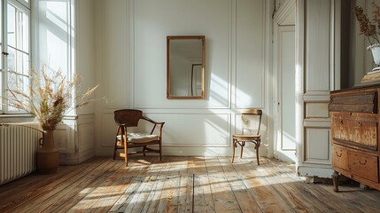  The image shows a room with a large mirror on the wall reflecting the sunlight. There are two chairs in the room.