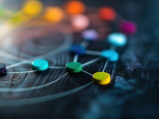Close-up of colorful network nodes connected with lines on a dark background, representing a conceptual digital network or system.