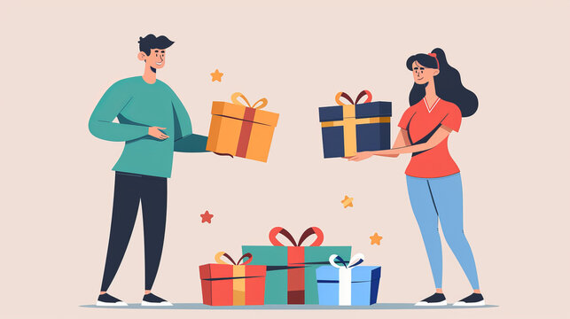 Customers are getting gifts. Man and woman are by gift boxes. Gifts, presents, and surprises for regular buyers. Marketing and ads. Cartoon flat vector art
