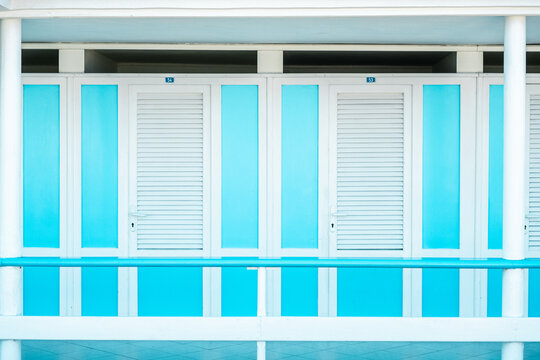 Louvered doors to changing rooms at beach in Italy
