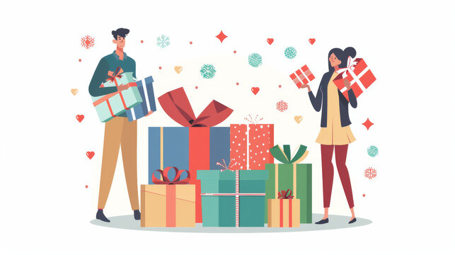 Customers are getting gifts. Man and woman are by gift boxes. Gifts, presents, and surprises for regular buyers. Marketing and ads. Cartoon flat vector art