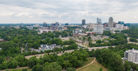 Daytime Drone Images of Highrise Construction and the Skyline in Downtown Raleigh North Carolina. Industry, Architecture, Engineering