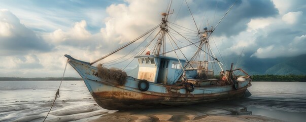 Naklejka premium A large, weathered fishing trawler rests on a seemingly endless beach, under a cloudy sky, capturing a scene of rugged resilience and quiet strength in the coastal landscape.