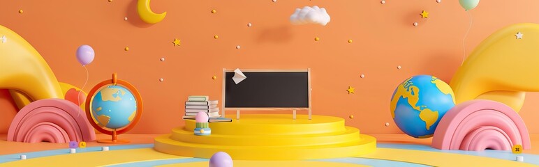 3D Rendering back to school interior study room for children cute icon cartoon style. 3D Render illustration. AI generated illustration