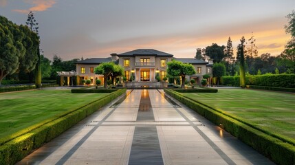Fototapeta premium Luxurious mansion with manicured lawn and grand entrance during sunset, showcasing opulence and architectural beauty.
