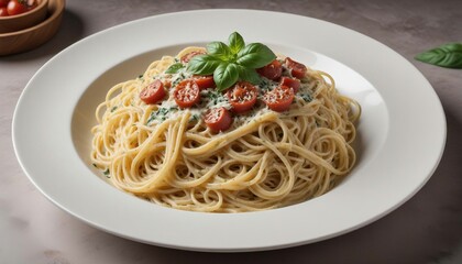 spaghetti with creamy basil sauce in a white porcelain pasta dish, copy space for text, ad shot.