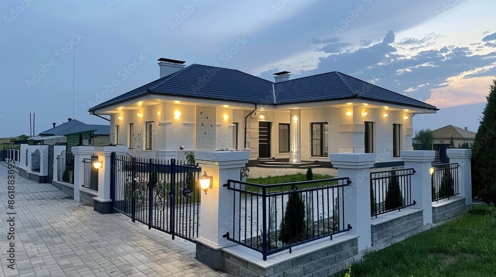 Wall mural a white house with a black fence and lights on at dusk