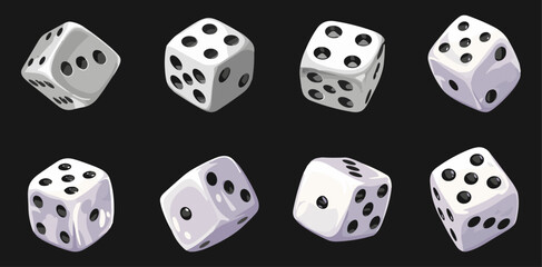 Cartoon 3D white dice set. White cube for playing casino. Random turns and angles with different black dot numbers. Poker cubes. Vector set on dark background