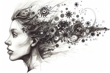 Fototapeta premium AI powered woman with floral hair, artificial intelligence, digital art, advanced tech, creative AI design, neural networks