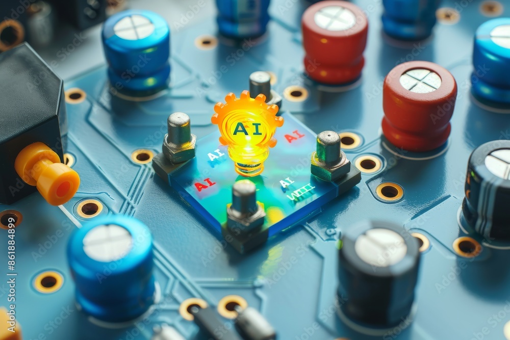 Poster ai microchip with red and blue lights, artificial intelligence, advanced tech, digital electronics, 