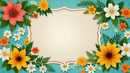 Obraz premium Summer background frame with blank paper texture in the middle and floral elements in retro style