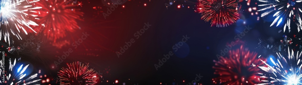 Poster black background with red, white and blue fireworks on the sides, with space in between for text gen