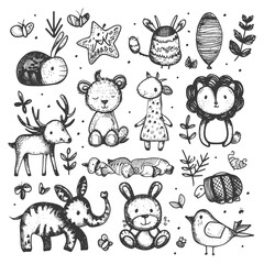 collection set hand drawn doodle cute animal with engraving style black color only