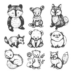 collection set hand drawn doodle cute animal with engraving style black color only