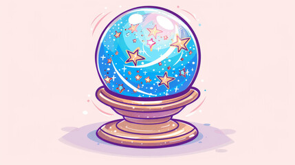 Cute crystal ball with stars, drawn in outline style. Astrological sticker in simple line art. Icon or print for predicting the future. Fortune teller witch.