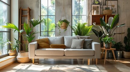 Fototapeta premium modern living room with plants, Modern Green Spaces: Inspiring Living Rooms with Abundant Indoor Plants and Natural Light