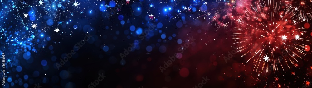 Poster red, white and blue fireworks on black background with copy space for text 4th of july celebration b
