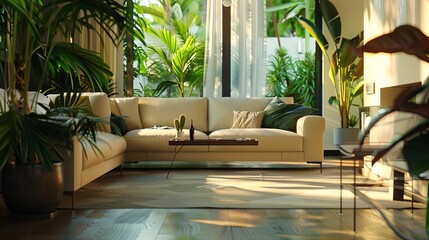 modern living room with plants, Modern Green Spaces: Inspiring Living Rooms with Abundant Indoor Plants and Natural Light