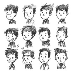 collection set hand drawn doodle cute man with engraving style black color only