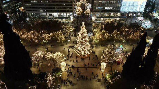 Aerial footage of the Christmas decorations in Syntagma square of Athens, Greece 