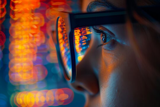 Programmer analyzing big data with reflected eyeglasses on face while working on computer