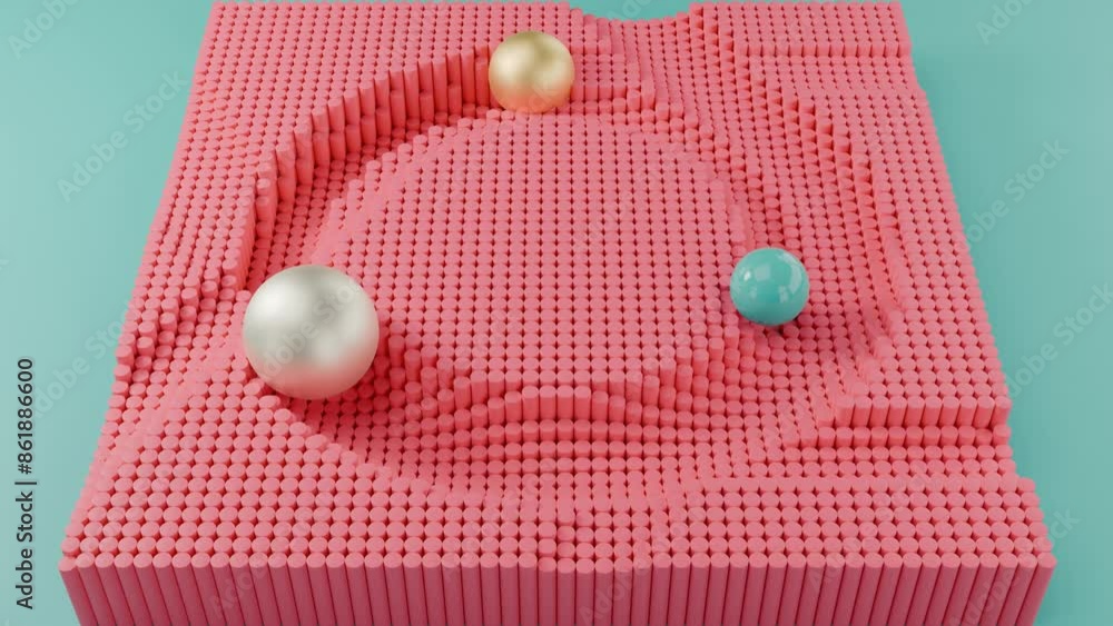 Poster 3d loop animation of the movement of three spheres of different sizes along an array of cylinders. t